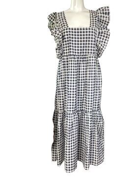 BiBi Cotton Blue and White Tiered Ruffle Midi Dress